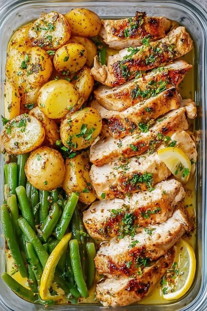 Healthy lemon garlic chicken meal prep bowl with vegetables and grains