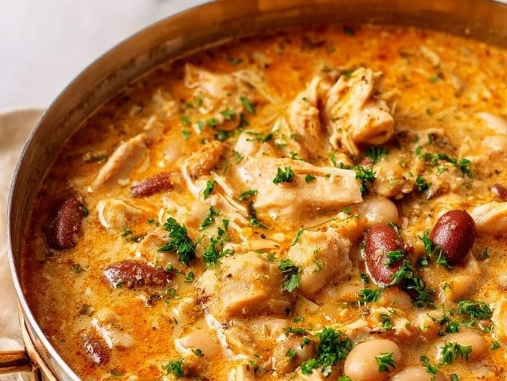 Bowl of hearty Cajun white chicken chili topped with fresh herbs.