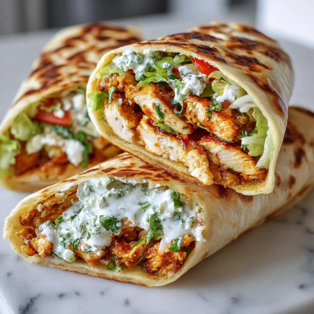 High-protein crispy cottage cheese flatbread chicken wraps on a plate.