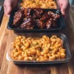 High protein honey BBQ chicken mac and cheese meal prep dish