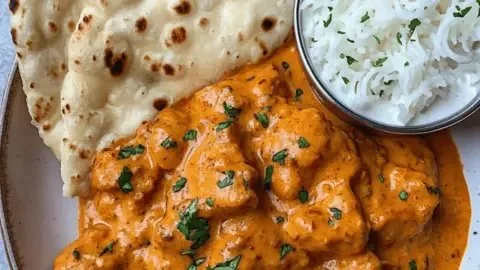 Homemade butter chicken dish served with rice and naan