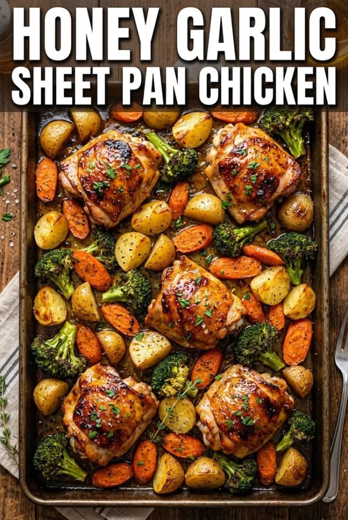 Honey Garlic Chicken Thighs served with colorful roasted vegetables on a plate.