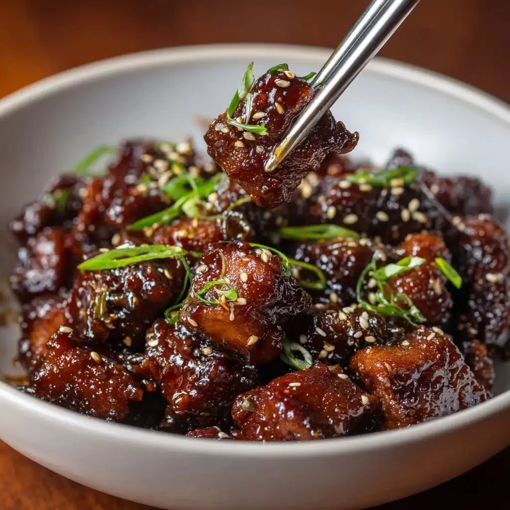 Plate of Honey Garlic Steak Bites garnished with fresh herbs, ready to serve.