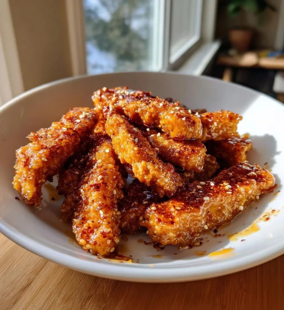 Honey mustard tofu tenders served on a plate with fresh herbs