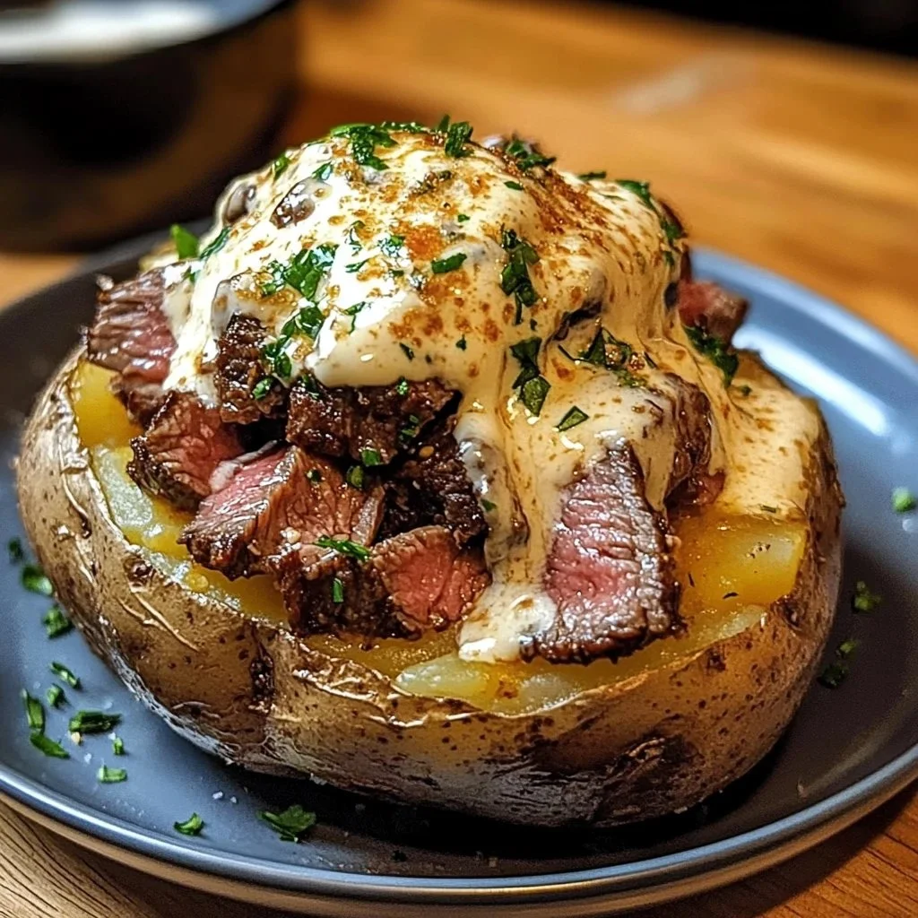 Delicious loaded steak potatoes with savory cream sauce on a plate
