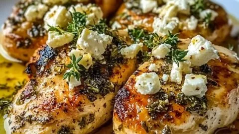 Juicy Greek chicken garnished with lemon and feta cheese, ideal for dinner.