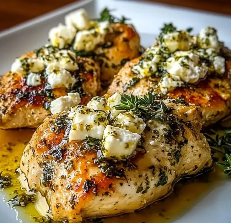 Lemon and Feta Greek Chicken garnished with herbs on a plate