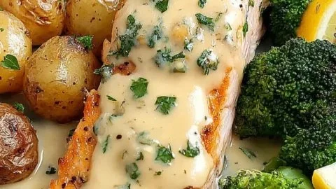Lemon Butter Salmon dish with crispy potatoes and broccoli on a plate