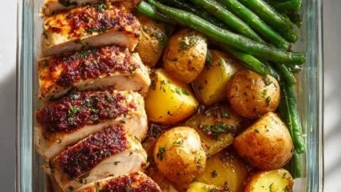 Lemon Garlic Chicken Meal Prep with fresh herbs and lemon wedges