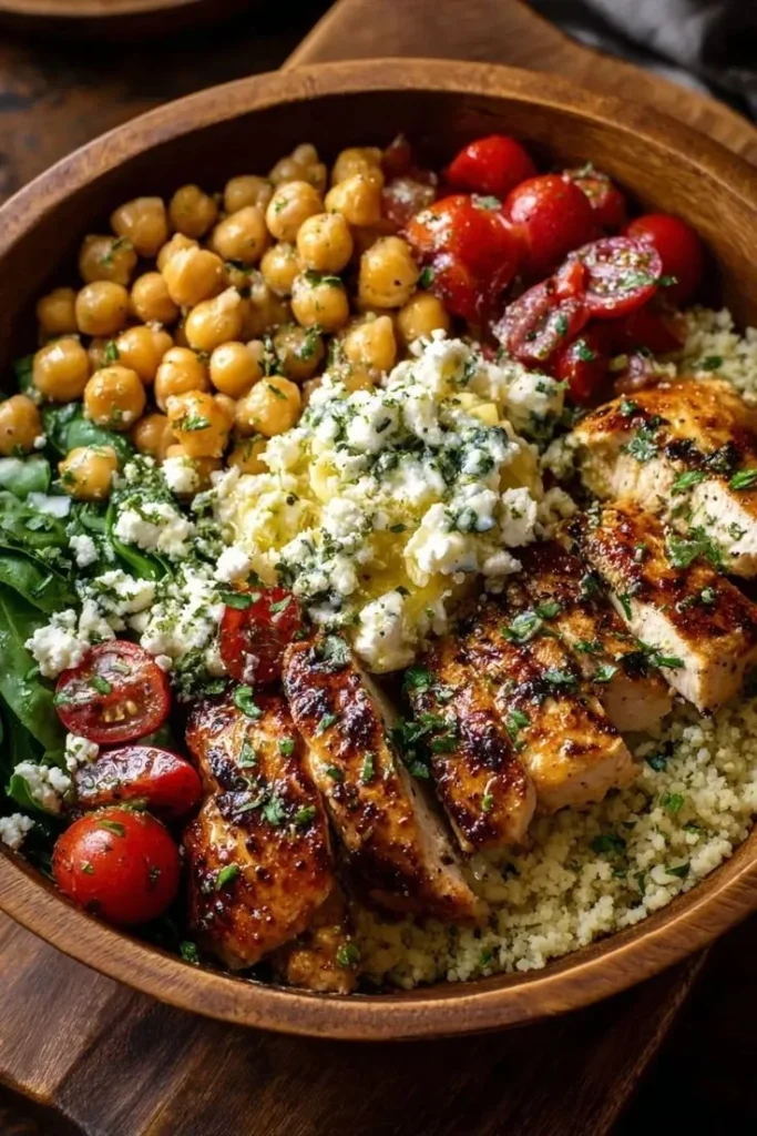 Lemon-Herb Chicken Bowl topped with Chickpeas and Feta cheese