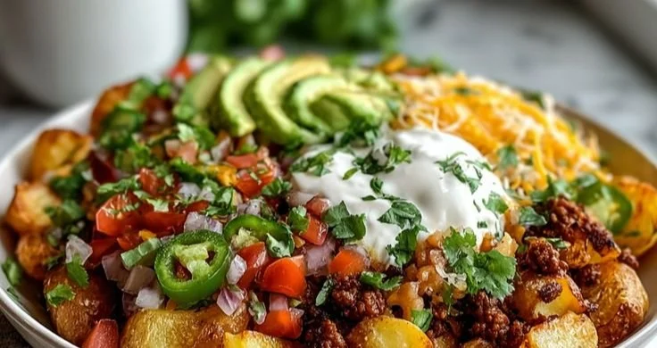 Delicious Loaded Potato Taco Bowl filled with toppings and served in a bowl.