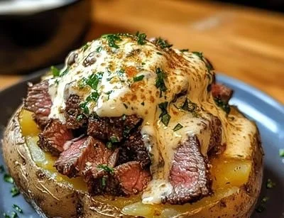 Loaded Steak Potato topped with steak, cheese, and herbs.