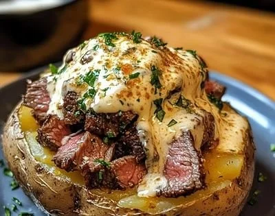 Loaded steak potato garnished with grilled steak, cheese, and toppings