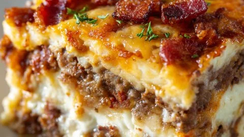 Low-carb bacon cheeseburger casserole served in a baking dish
