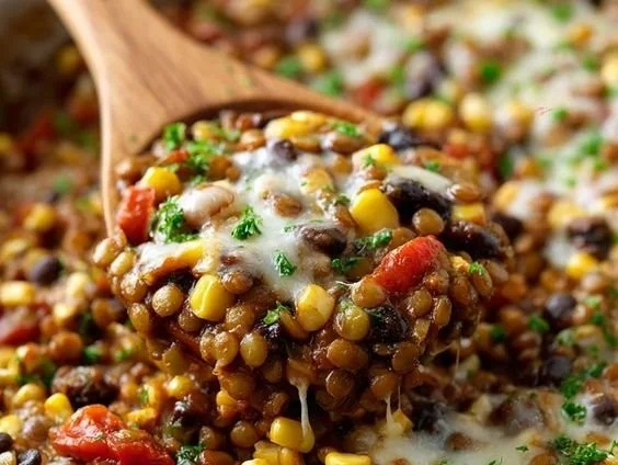 Bowl of Mexican Spiced Lentils garnished with fresh herbs and spices