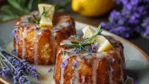 Mini lemon cakes with lavender glaze on a decorative plate.