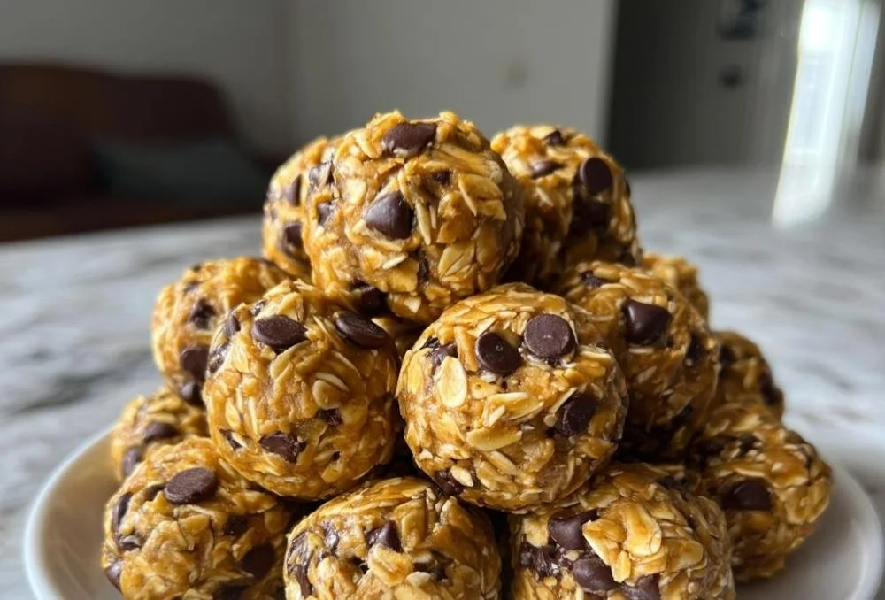 Delicious no-bake peanut butter energy bites on a plate, ready to enjoy.