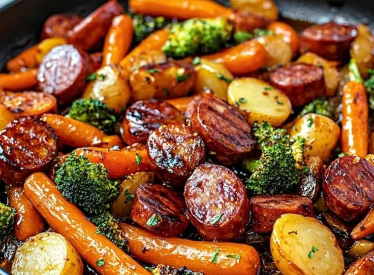 One-Pan Honey Garlic Kielbasa with assorted vegetables garnished on a plate.