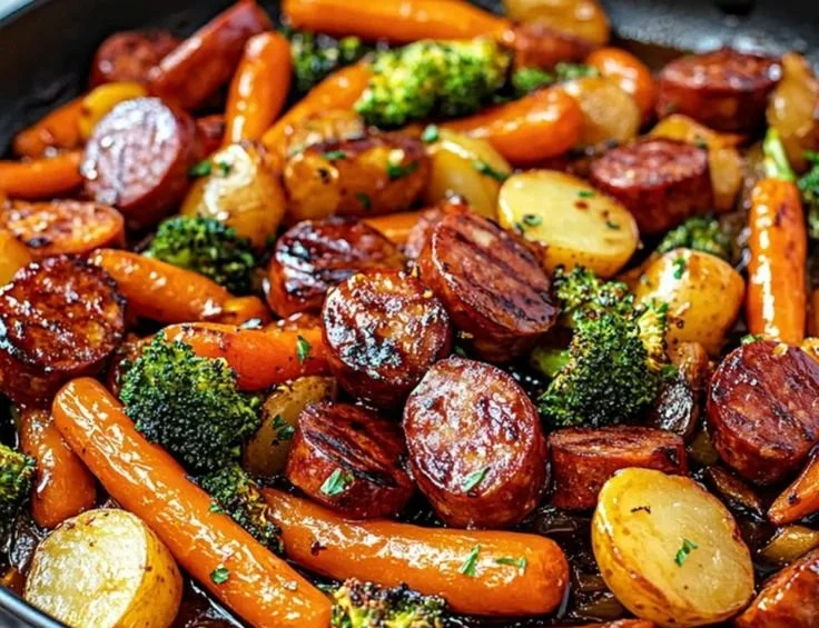 One-Pan Honey Garlic Kielbasa with colorful veggies in a skillet