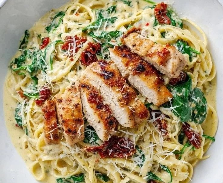 Delicious pesto pasta with chicken served on a plate.