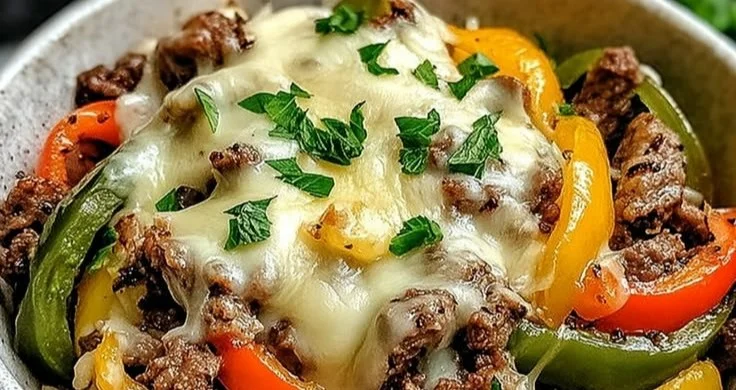 Delicious Philly Cheesesteak Bowls with meat, cheese, and peppers