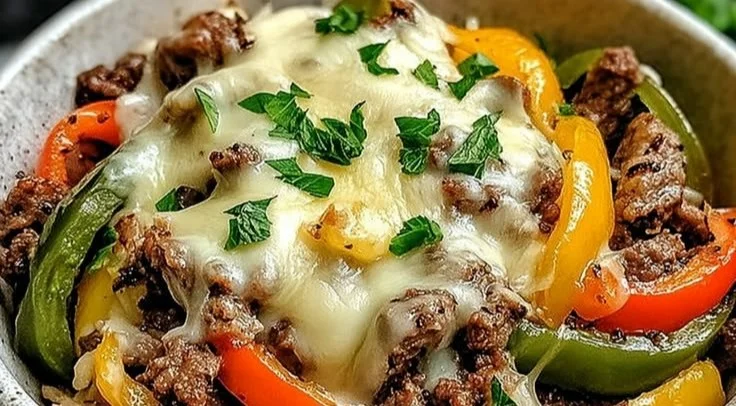 Delicious Philly Cheesesteak Bowls topped with melted cheese and fresh veggies.