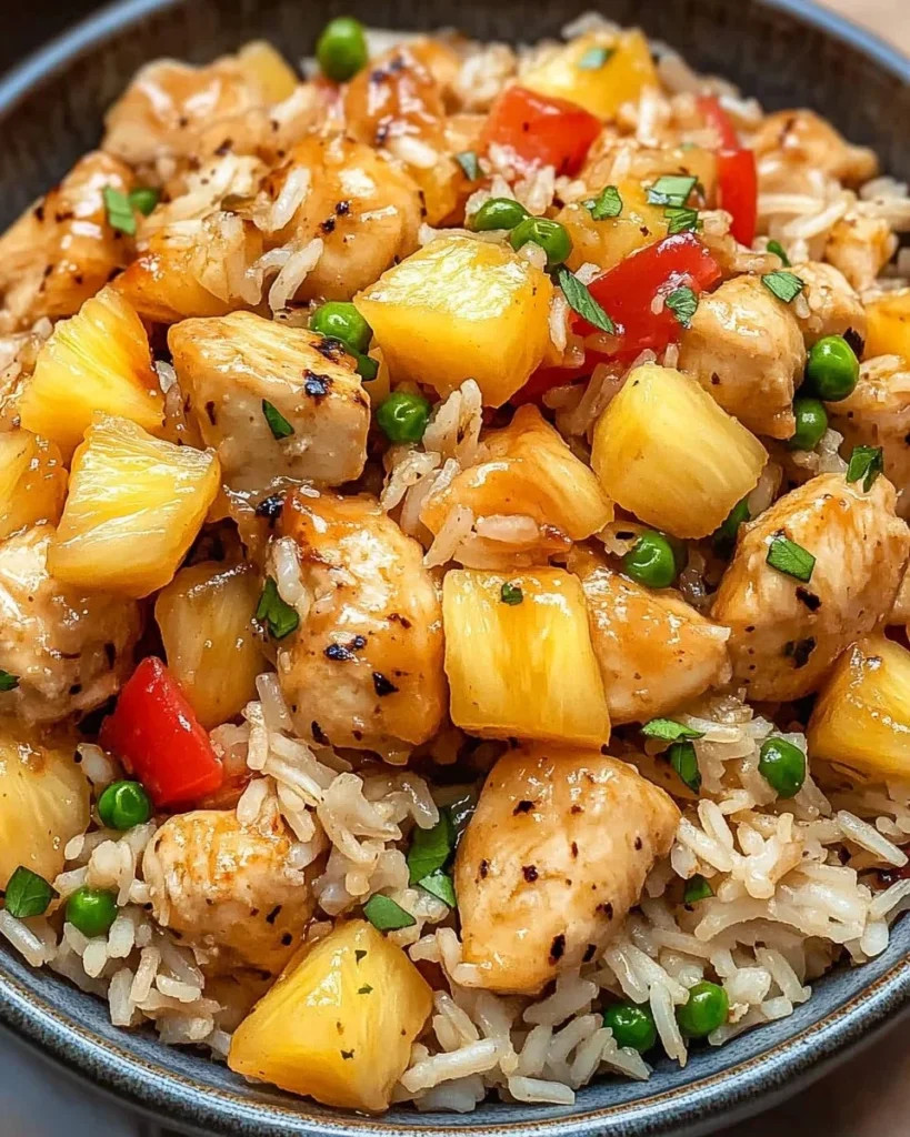 Delicious Pineapple Chicken served over rice with fresh pineapple chunks