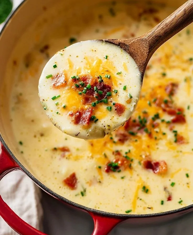 Delicious potato soup garnished with crispy bacon and a dollop of sour cream
