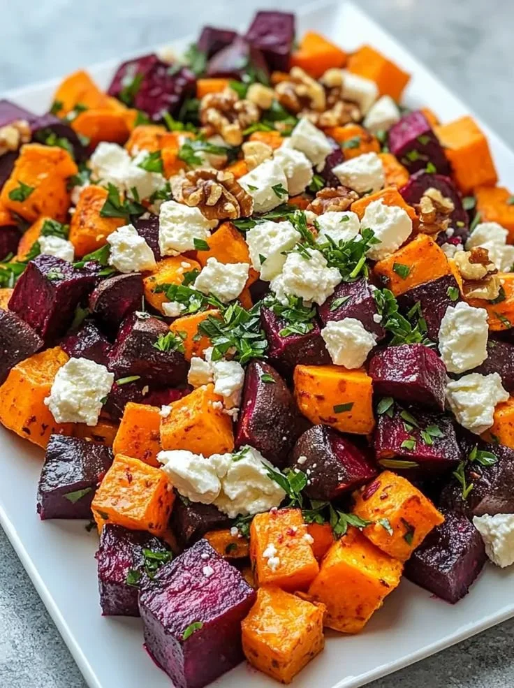 Roasted Beet and Sweet Potato Salad served in a bowl with fresh ingredients.