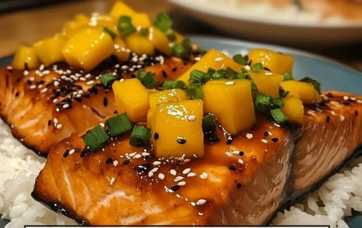 Grilled salmon fillet topped with colorful mango salsa