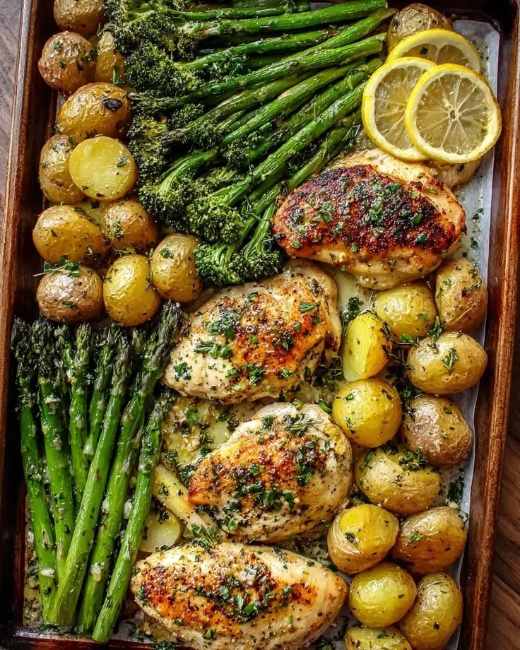 Delicious sheet pan garlic butter chicken with assorted veggies ready to serve