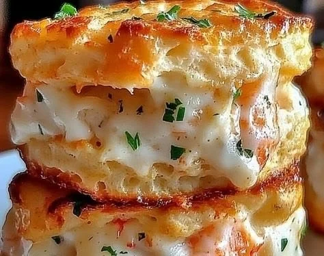Shrimp crab biscuit melts served on a plate with garnish.