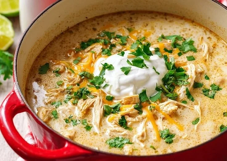 Bowl of delicious Keto White Chicken Chili with toppings