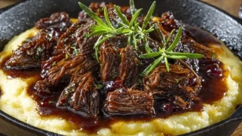 Delicious Slow Cooker Beef Manhattan served with gravy over mashed potatoes