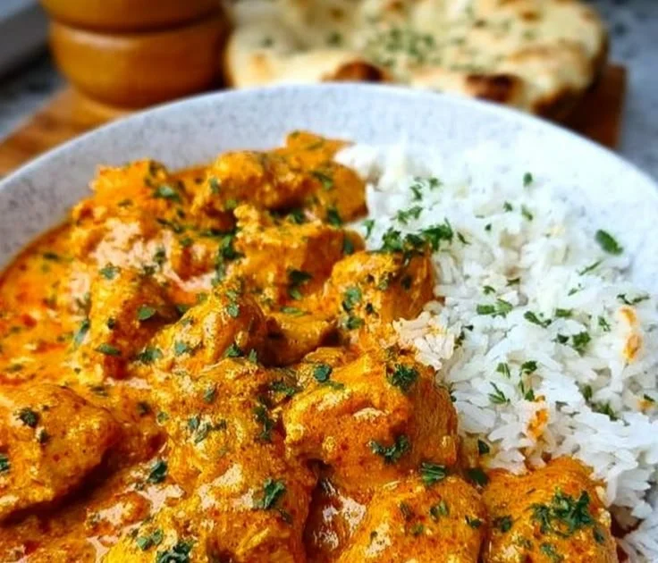 Delicious slow cooker butter chicken served with naan on a plate