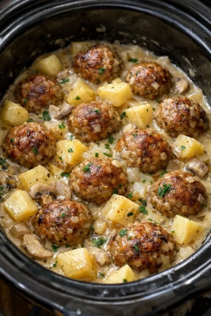 Slow Cooker Meatballs and Potatoes served in a bowl