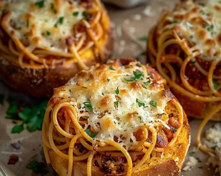 Spaghetti garlic bread bowls filled with pasta and topped with garlic butter