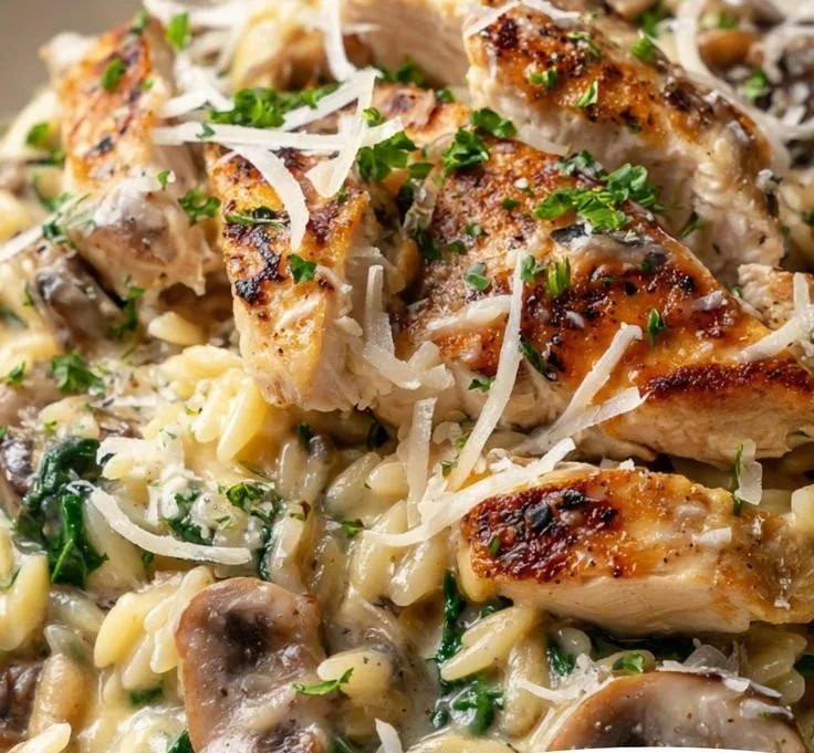 Plate of Spinach Mushroom Orzo with Chicken garnished with herbs