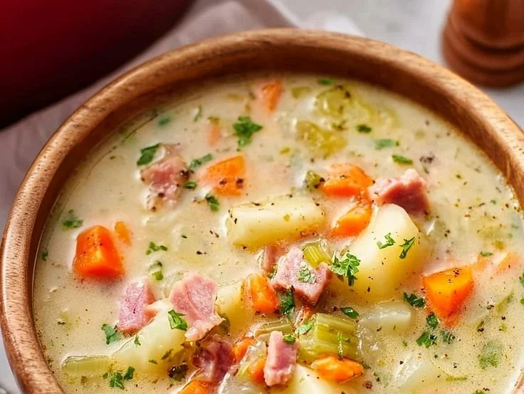 Delicious loaded ham and potato soup in a bowl, garnished with herbs.