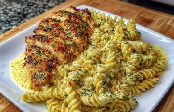 Creamy garlic parmesan chicken pasta dish served with fresh herbs