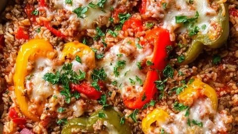 Delicious unstuffed pepper skillet dish with colorful vegetables and rice