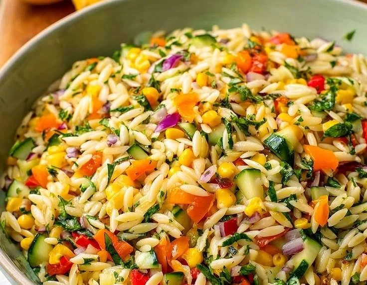Veggie Rainbow Orzo Salad with vibrant vegetables and pasta
