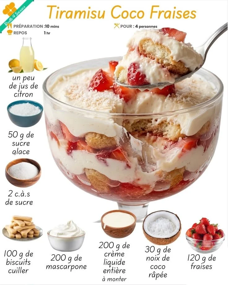 Delicious Coconut Strawberry Tiramisu dessert with fresh strawberries and coconut flavor.