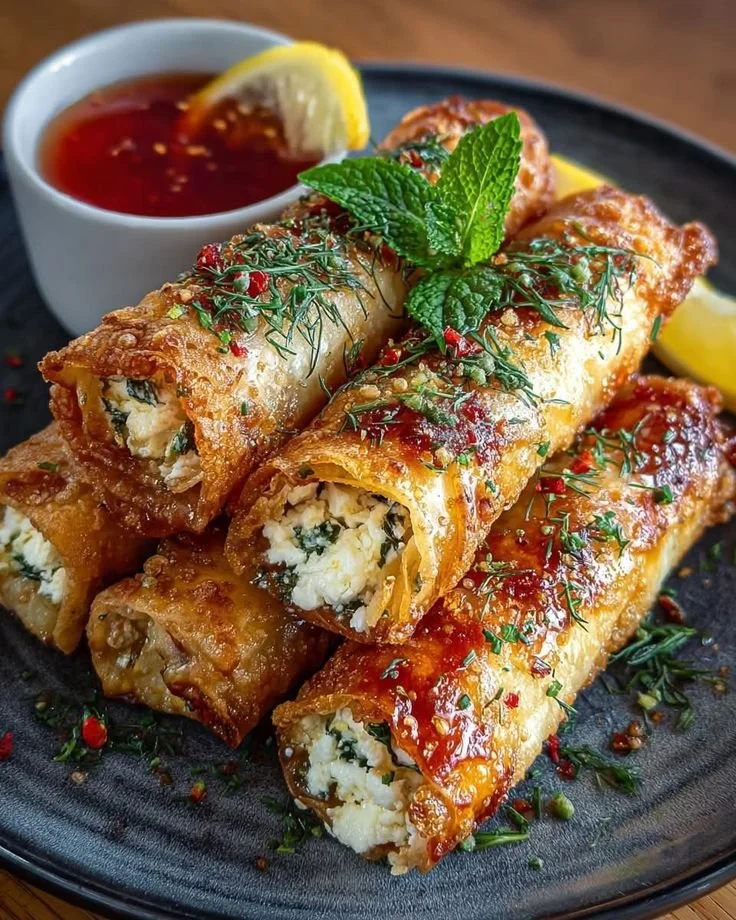 Crispy fried feta rolls served with lemon honey sauce