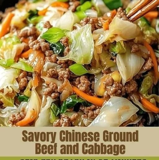 Easy Chinese ground beef stir fry with cabbage in a colorful bowl.