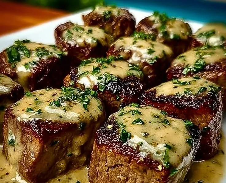 Garlic Butter Parmesan Steak Bites served on a plate garnished with herbs.