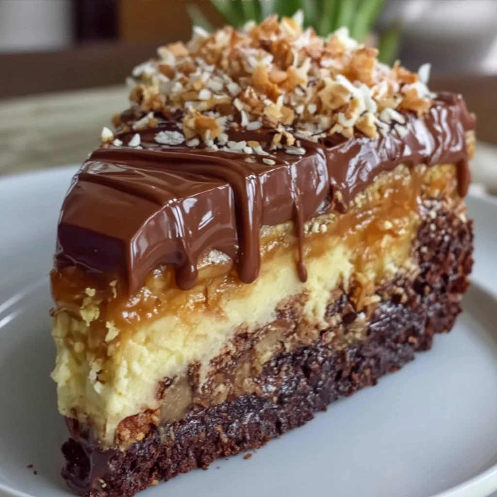 Slice of delicious German Chocolate Cheesecake topped with coconut and pecans