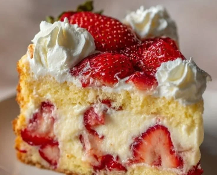 Delicious heavenly strawberry custard cake with fresh strawberries