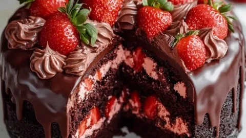 Indulgent strawberry chocolate shell cake with fresh strawberries and rich chocolate