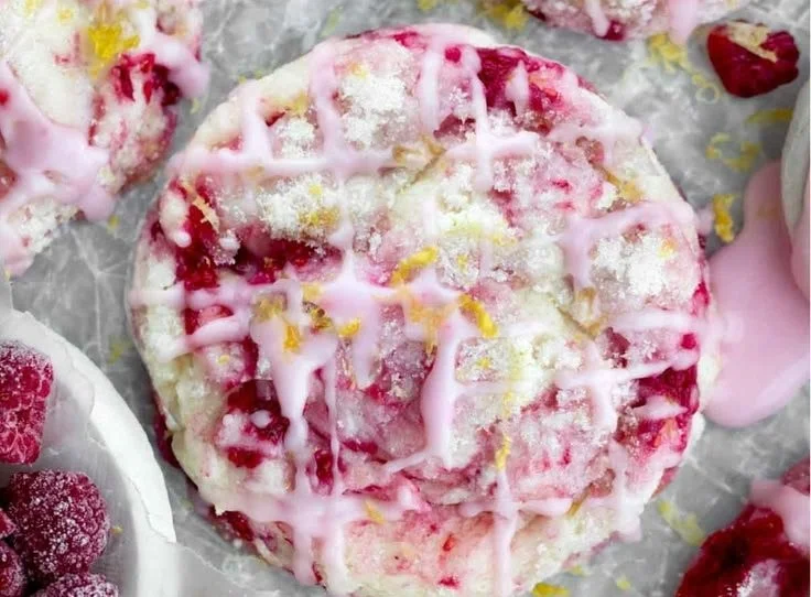 Freshly baked Lemon Raspberry Cookies on a cooling rack
